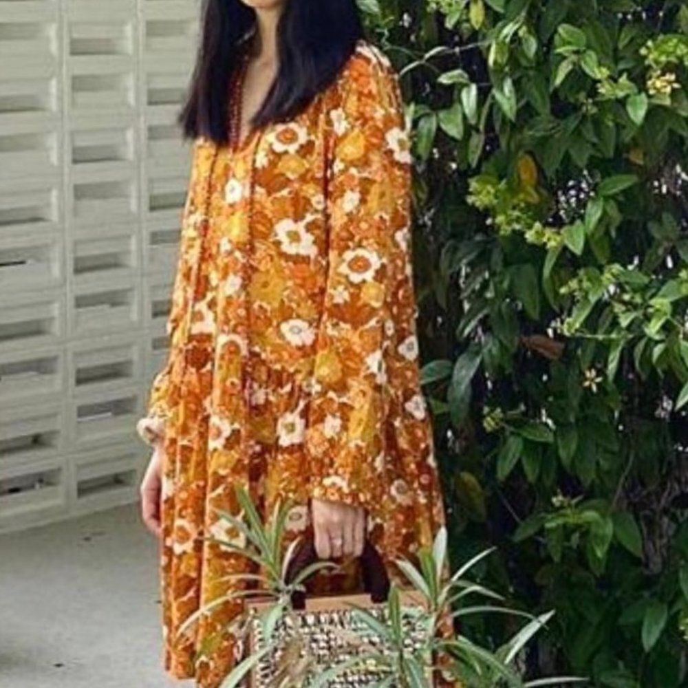 D'ASCOLI Lulu Tie-neck Floral-print Cotton Retro 60's Boho Mini oversized Dress